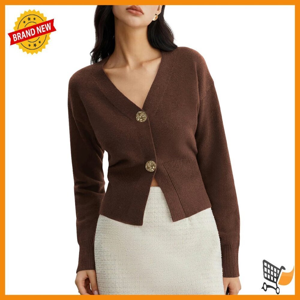 Fitted V-Neck Cropped Cardigan Long Sleeve Button Up Knit Sweater